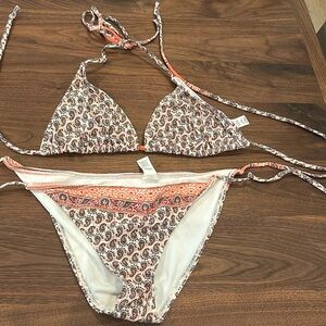 ATHLETA 2PC Bikini Tie TOP D cup BOTTOM large Brown/Orange Paisley